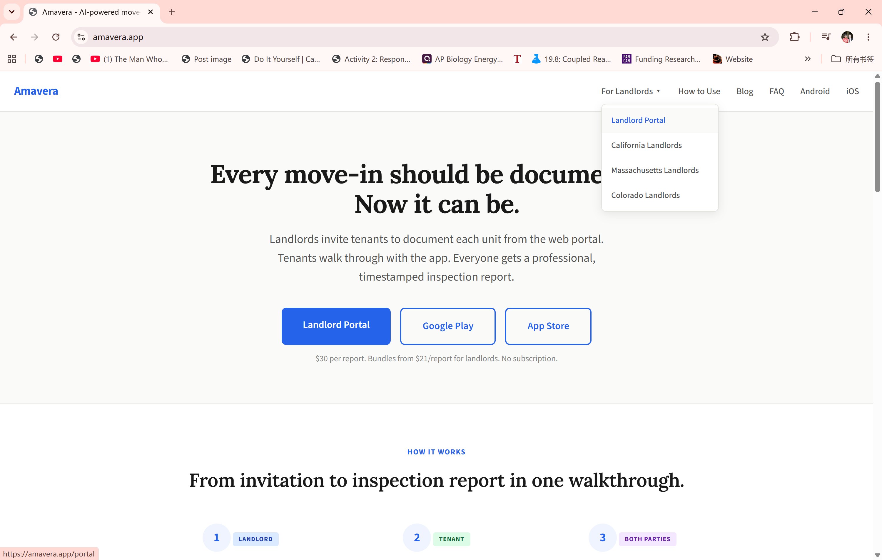 Nav dropdown showing landlord pages