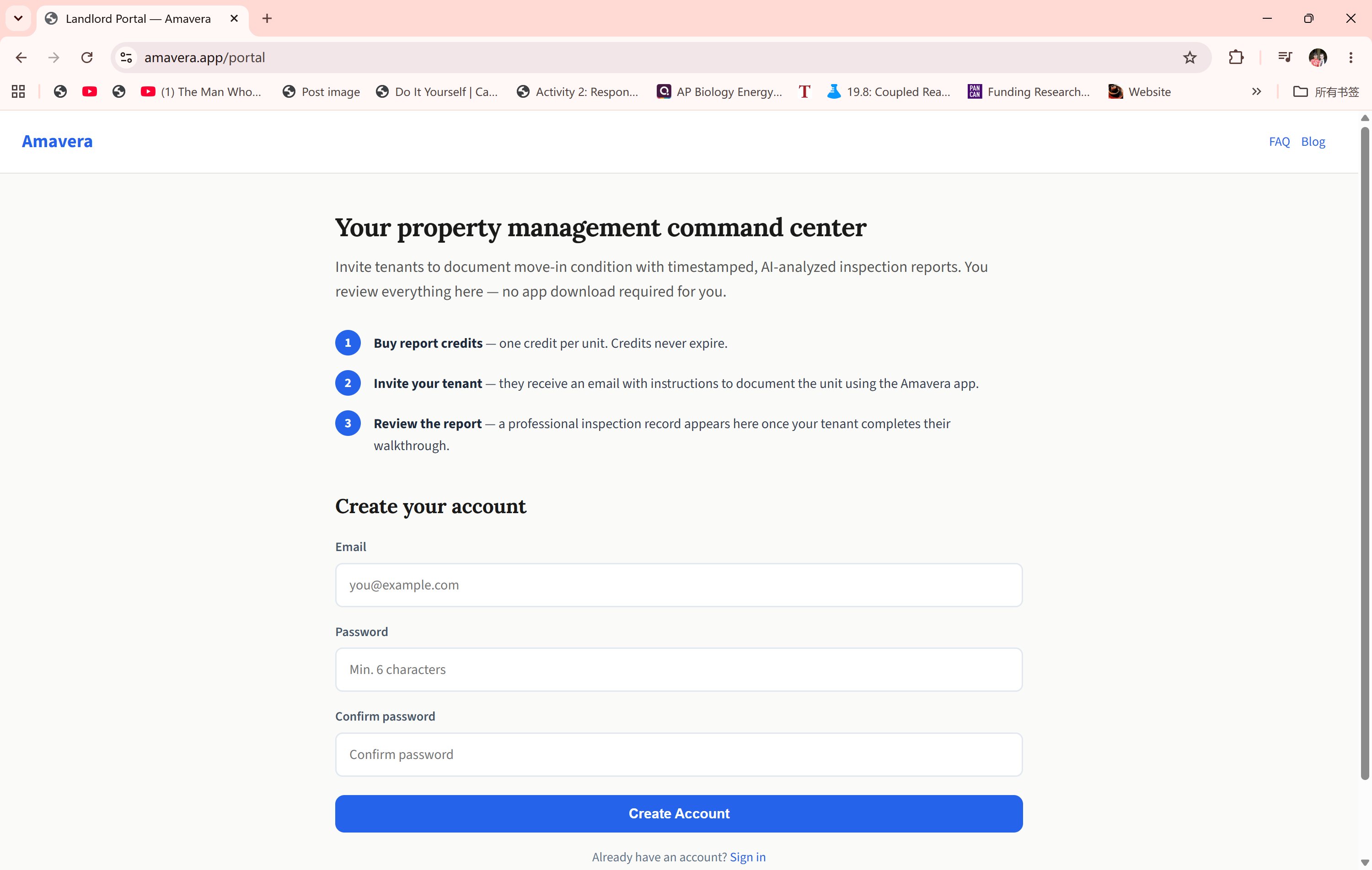Portal account creation page
