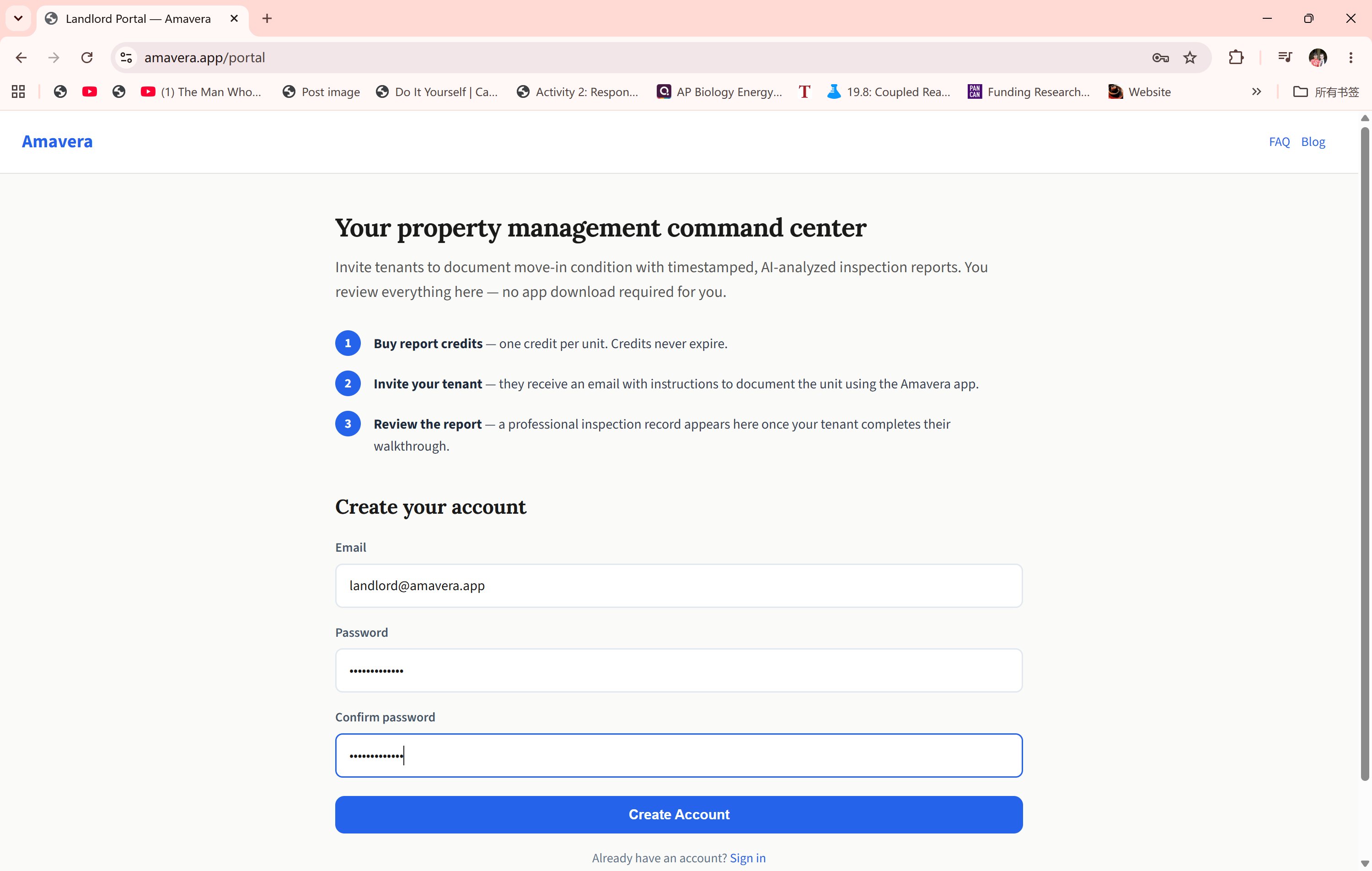 Account creation filled in