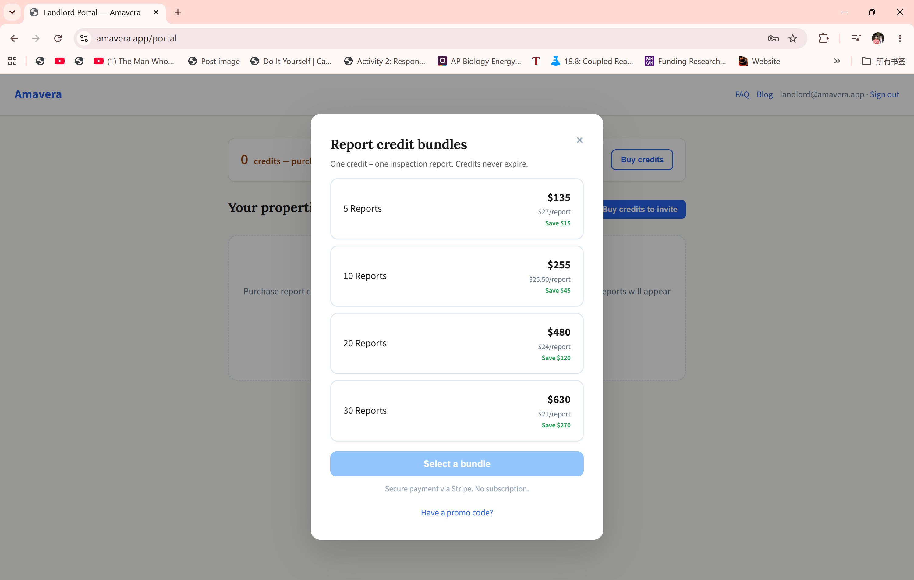 Buy credits modal with four bundles
