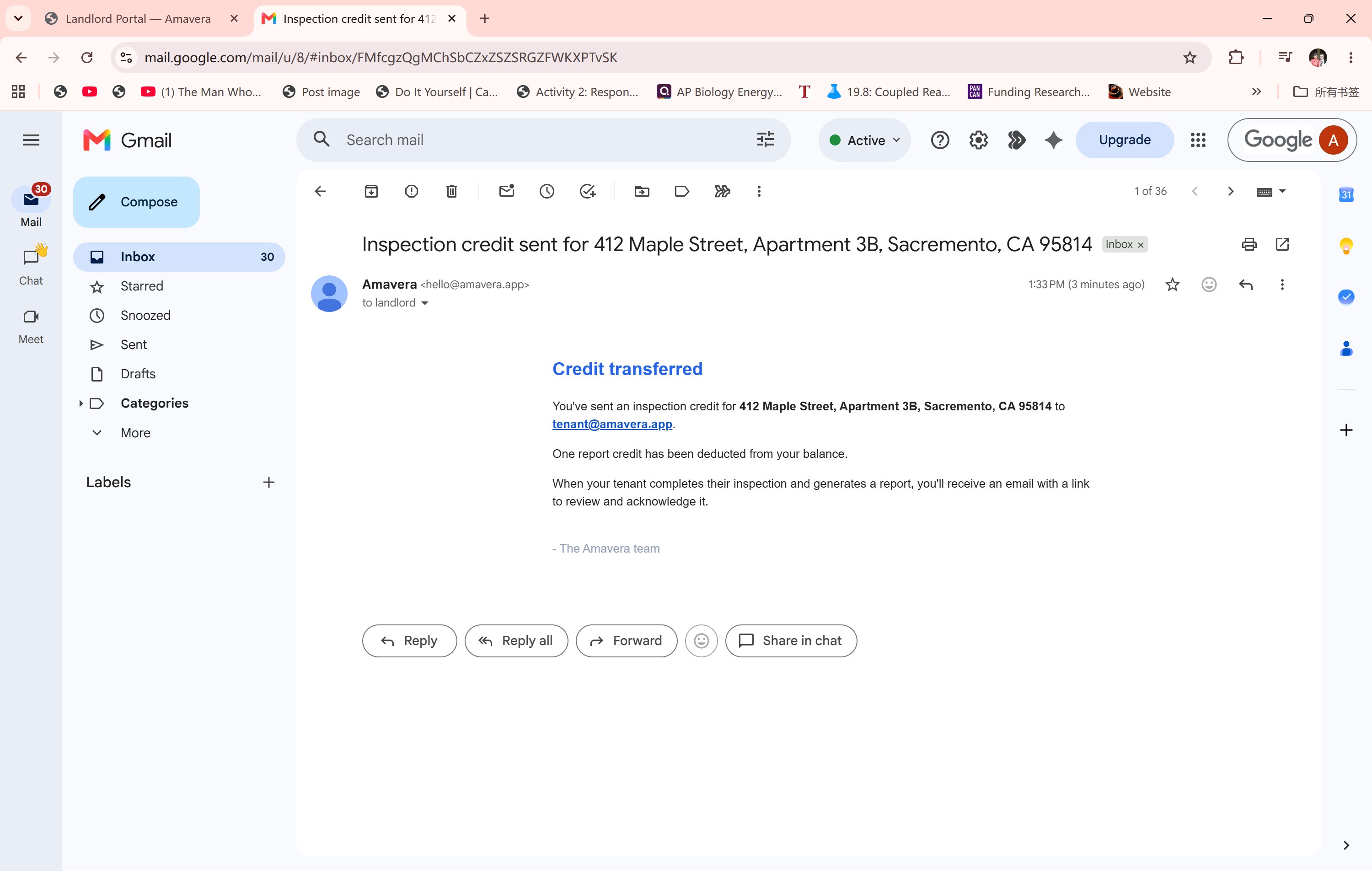 Landlord credit transferred email