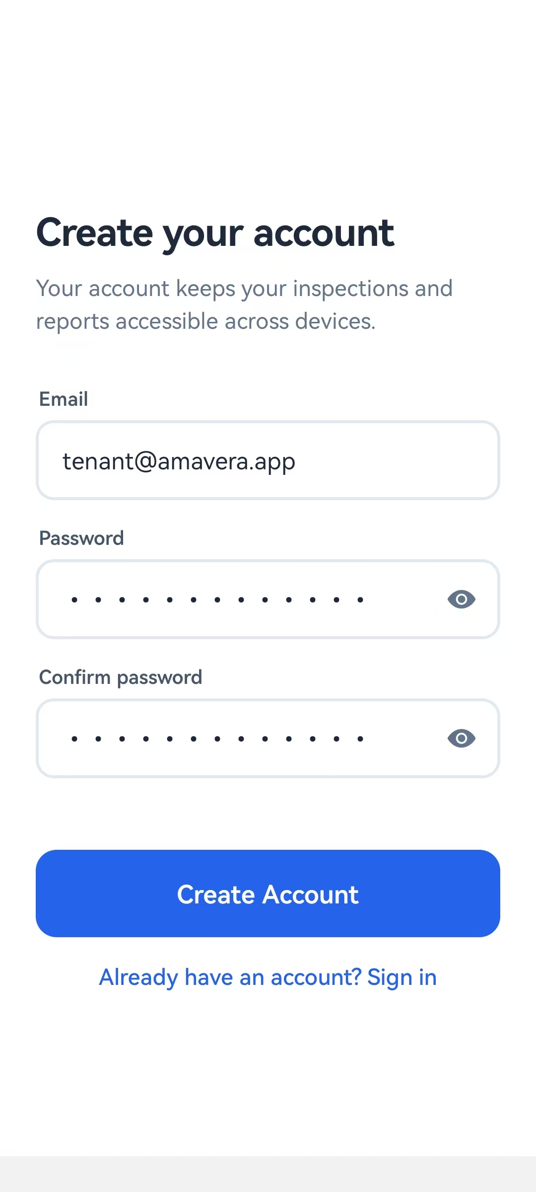 Tenant account creation screen
