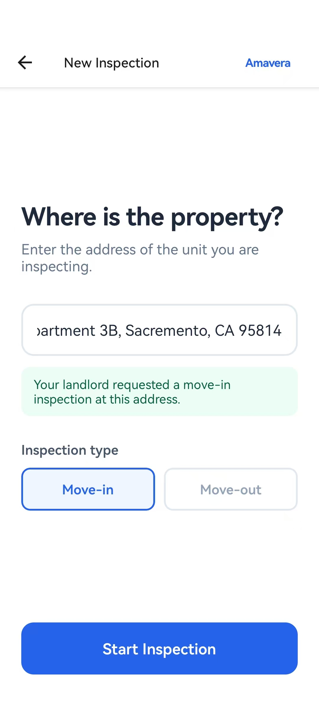 New inspection address pre-filled