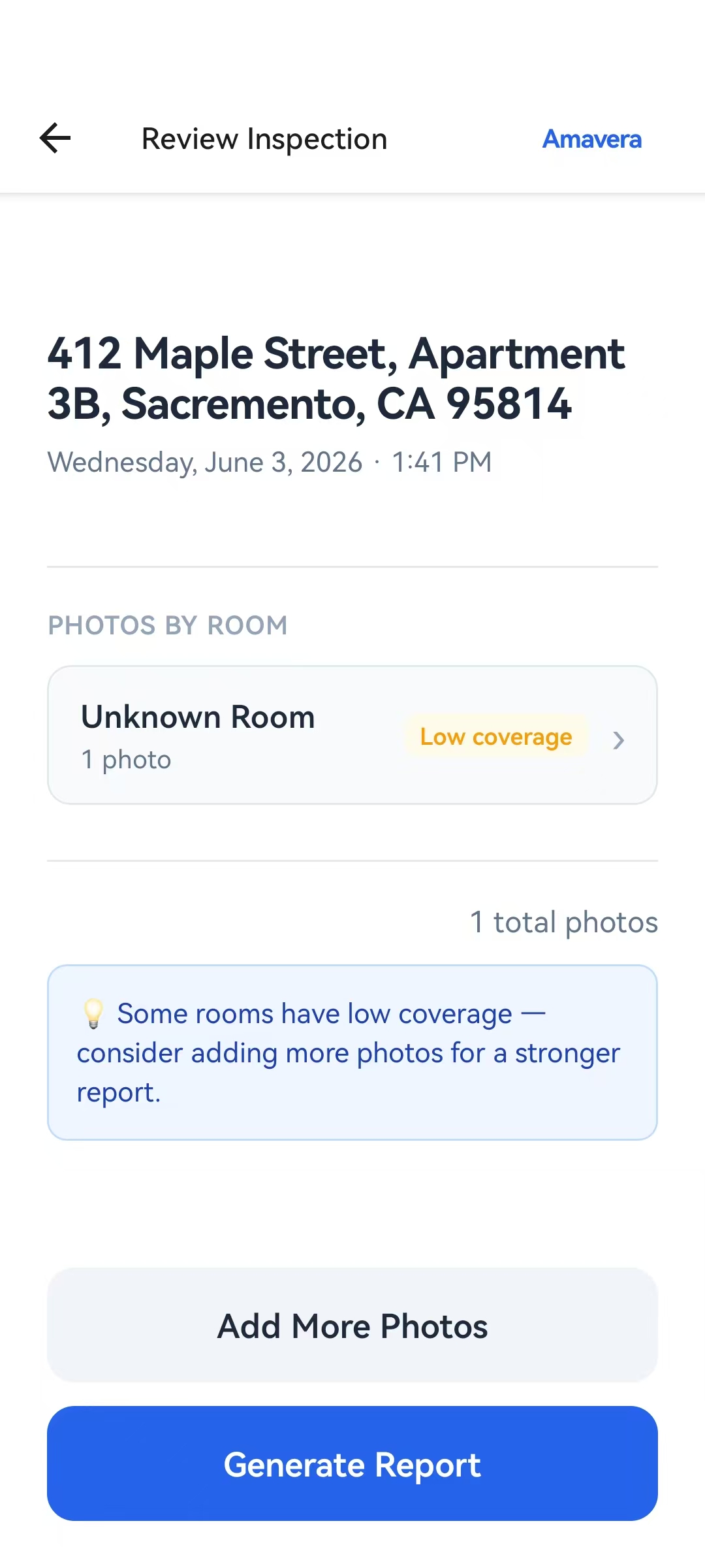 Review inspection screen with room cards