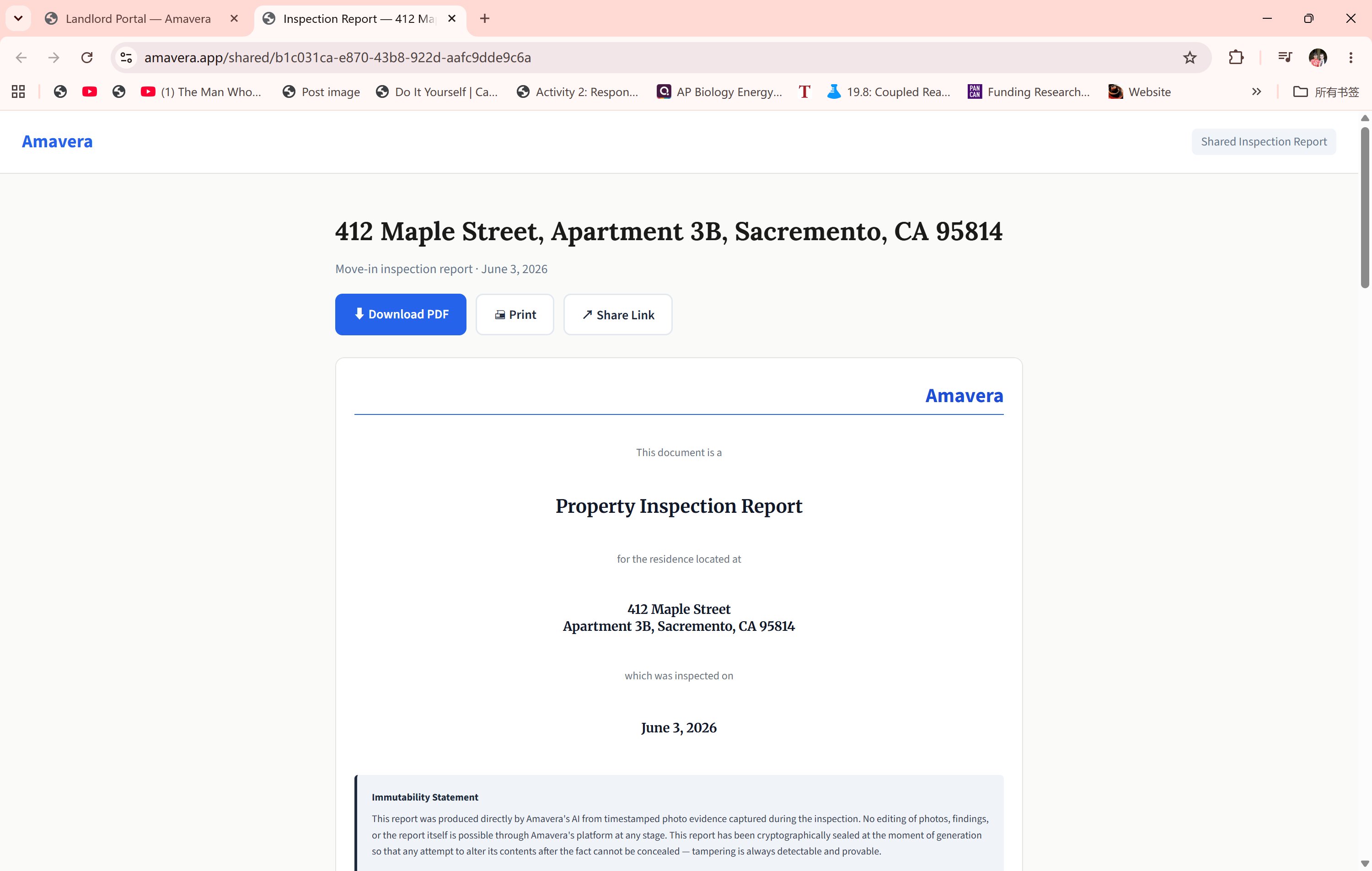 Shared report page with download, print, share buttons