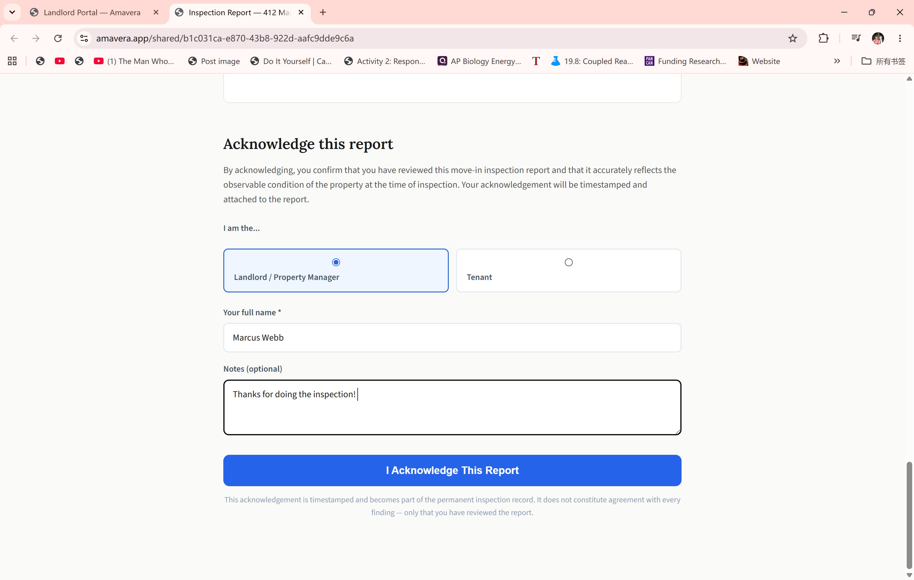 Landlord acknowledgement form
